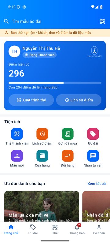 Trang chủ: thẻ thành viên, số điểm, tiện ích